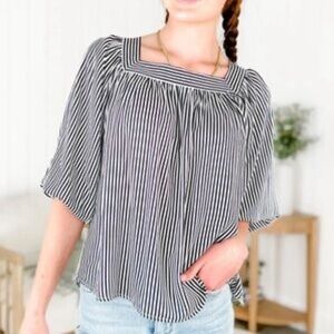 Andree by Unit Wm L Blk/Wht Striped Tie 3/4 Balloon Sleeve Square Neck Blouse